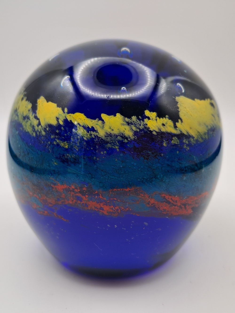 ​Vtg Art Glass Paperweight Cobalt Blue Yellow Ocean Landscape Controlled Bubble